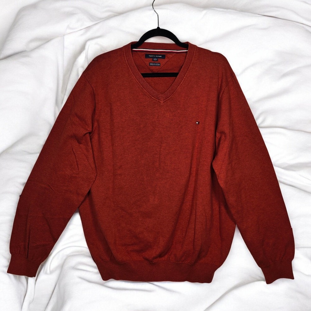 Tommy Hilfiger XXL‎ V-Neck Sweater Mens Premium Cotton Rust Brown Knit